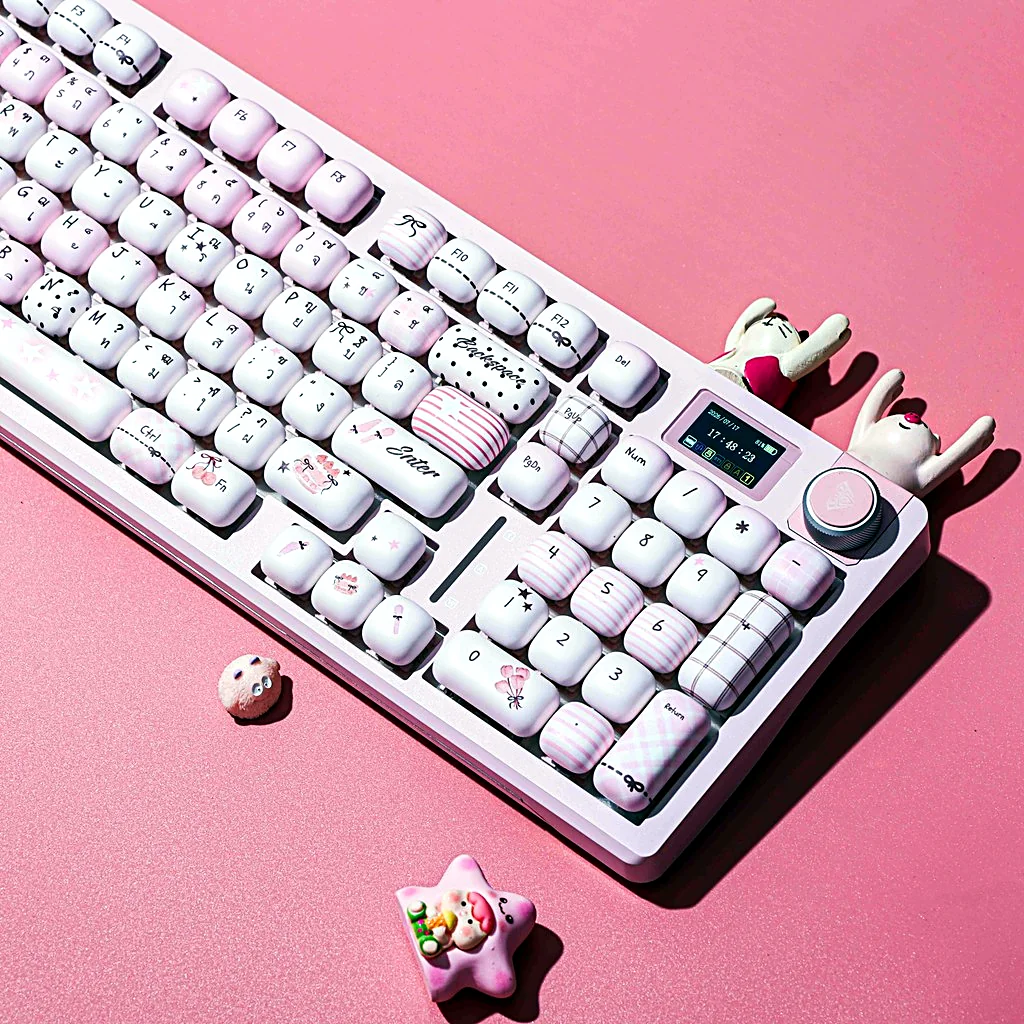 Pink Gray Kawaii MOG Profile Keycap Set — PBT