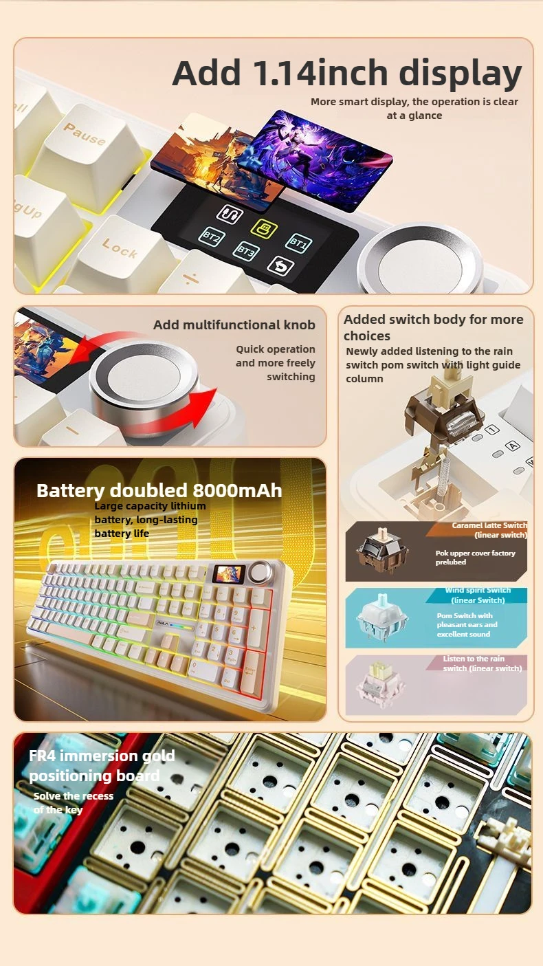 AULA F108 Pro Customized feature overview: smart display, knob, battery, switches and FR4 plate
