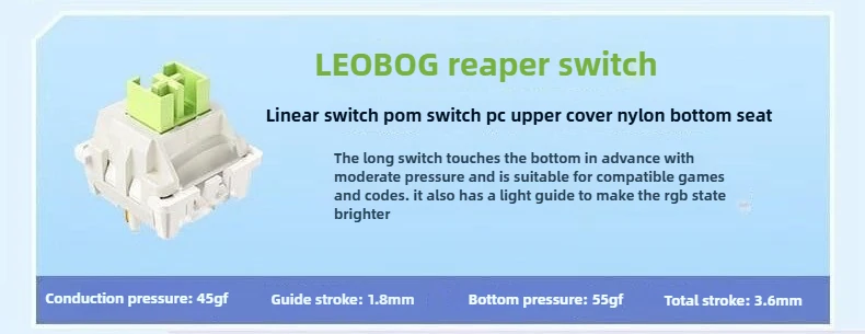 LEOBOG Reaper linear switch specifications, 45gf actuation with precision satellite switches